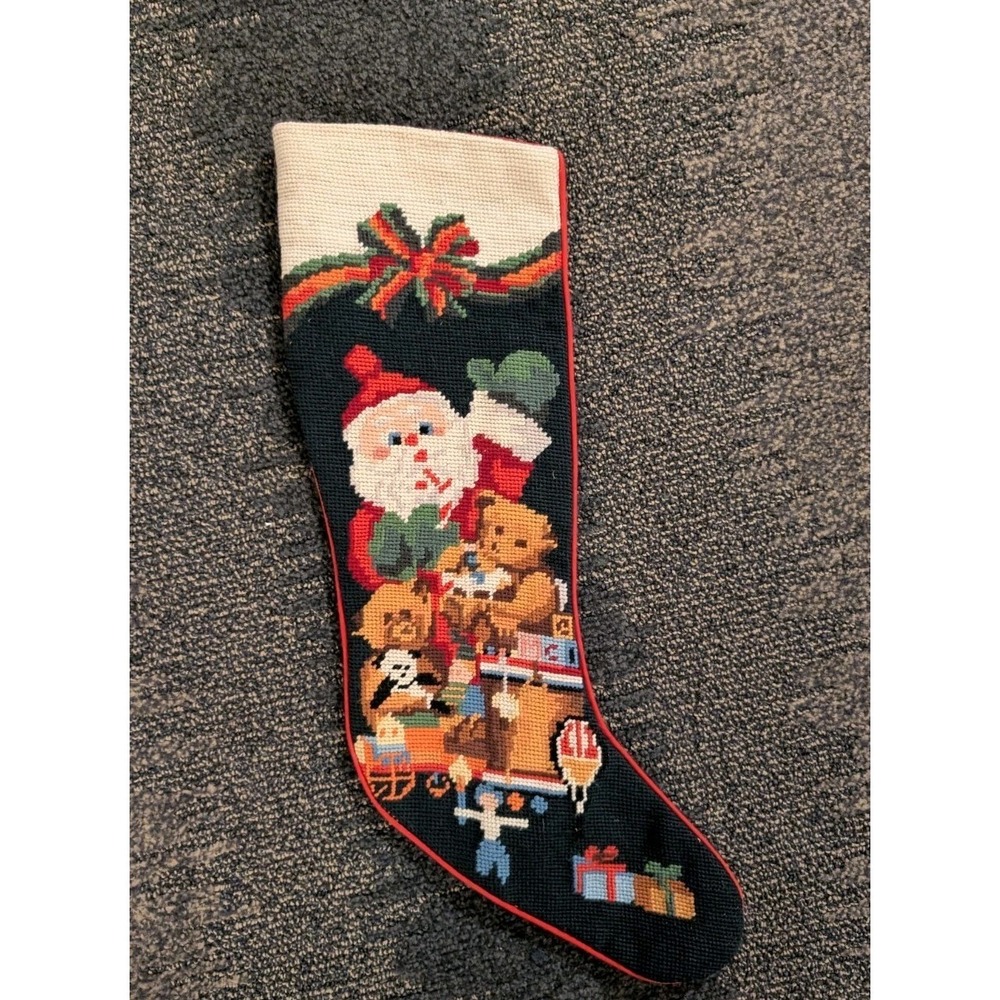 Vtg Wool Needlepoint By Hand Christmas Stocking Santa Claus 22" Velvet Back